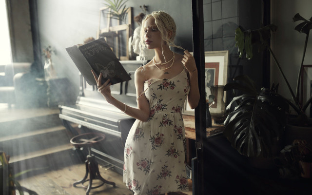 Woman dress book piano floral free wallpaper for desktop - medium preview image