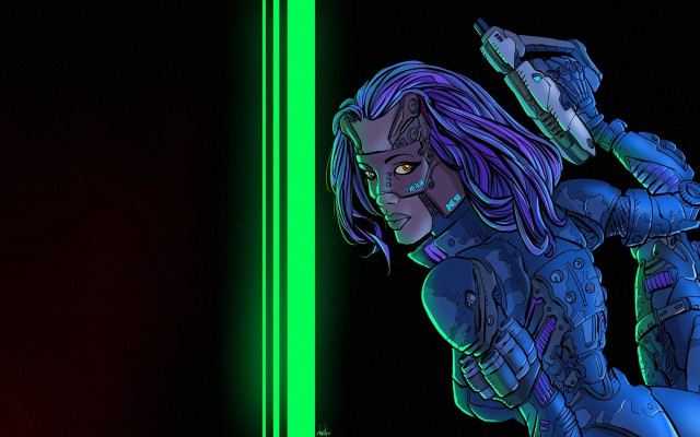 Futuristic woman green saber cyberpunk free wallpaper for desktop - medium preview image