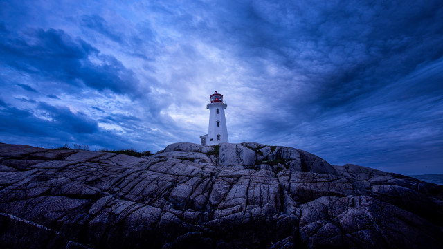 Lighthouse rocky outcrop night blue free wallpaper for desktop - medium preview image