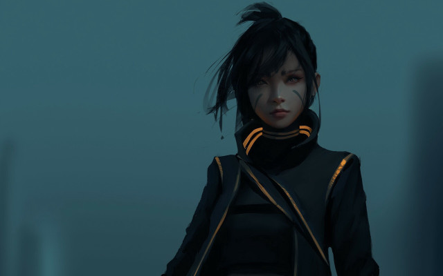 Woman black outfit cyberpunk blue free wallpaper for desktop - medium preview image
