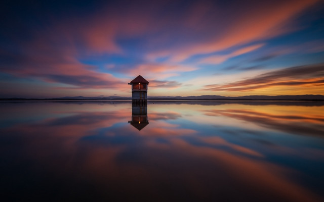 Small house lake sunset clouds free wallpaper for desktop - medium preview image