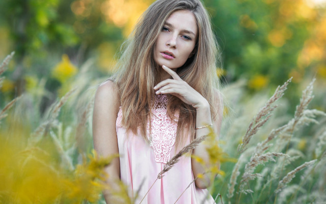 Pink dress field blurry bokeh free wallpaper for desktop - medium preview image