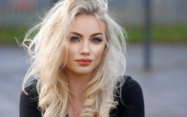 Blonde woman blue eyes fence free wallpaper for desktop - medium preview image