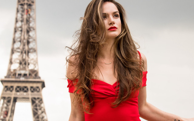 Eiffel tower red dress blowing free wallpaper for desktop - medium preview image