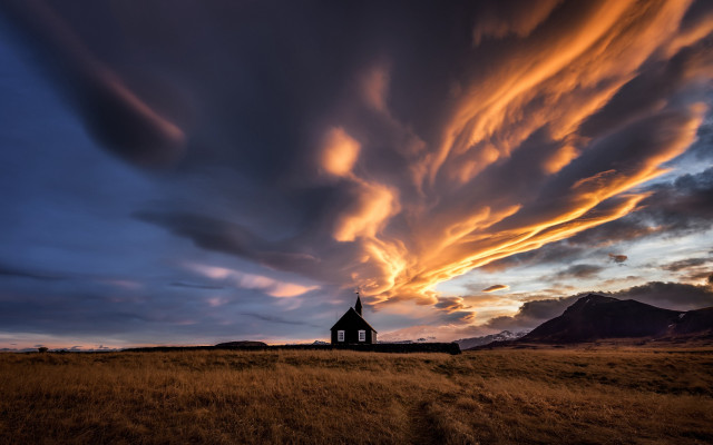 Church field clouds mountain sunset free wallpaper for desktop - medium preview image