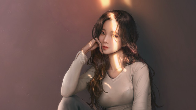 Woman sitting hand head light free wallpaper for desktop - medium preview image