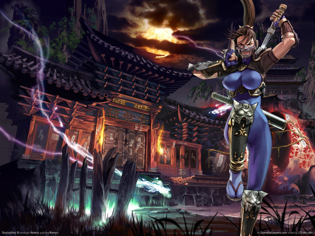 Woman blue outfit sword building free wallpaper for desktop - medium preview image