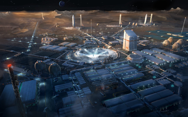 Futuristic city planet moon clouds free wallpaper for desktop - medium preview image