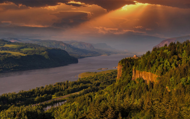 River mountain castle sunset landscape free wallpaper for desktop - medium preview image