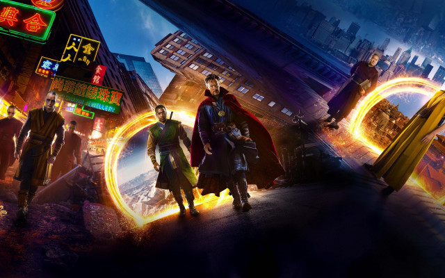 Neon street clocktower panfuture matte free wallpaper for desktop - medium preview image