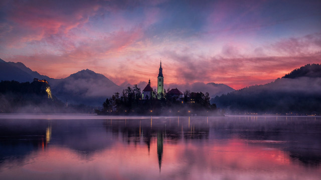 Castle island lake sunset mystical free wallpaper for desktop - medium preview image