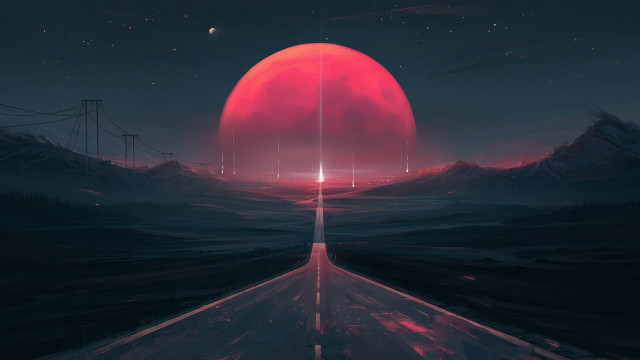 Red moon over mountain road free wallpaper for desktop - medium preview image