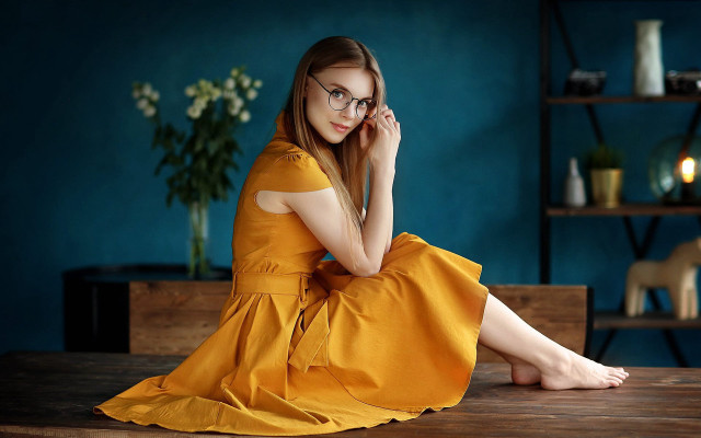 Yellow dress sitting brown hair free wallpaper for desktop - medium preview image
