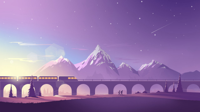 Train bridge mountains night starry free wallpaper for desktop - medium preview image