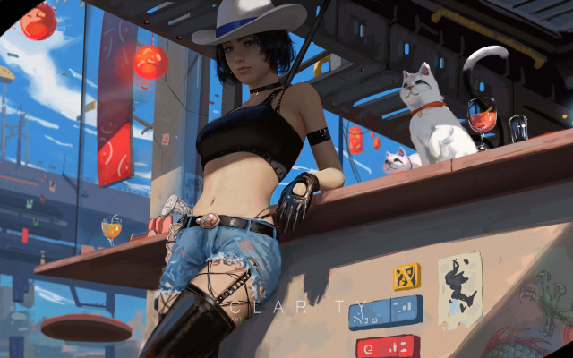 Cowgirl cat dog retrofuturism cyberpunk free wallpaper for desktop - medium preview image