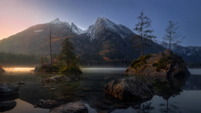 Mountain lake forest foggy sunset #2 free wallpaper for desktop - medium preview image