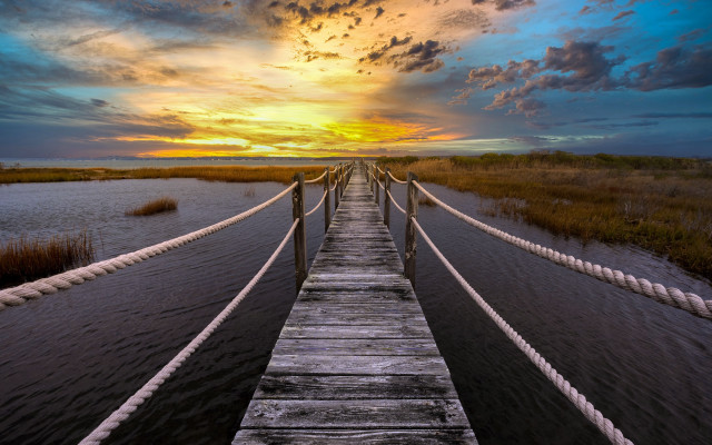Wooden bridge sunset clouds mountains free wallpaper for desktop - medium preview image
