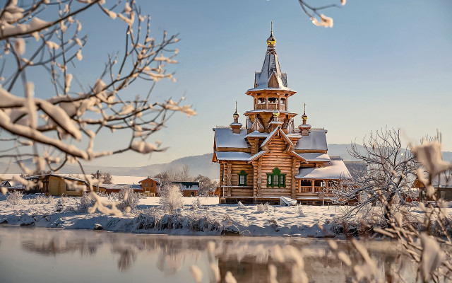 Wooden tower clock snow lake free wallpaper for desktop - medium preview image