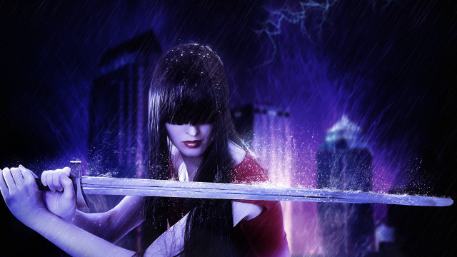 Woman rain city night purple free wallpaper for desktop - medium preview image