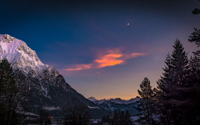 Mountain sunset moon trees city free wallpaper for desktop - medium preview image