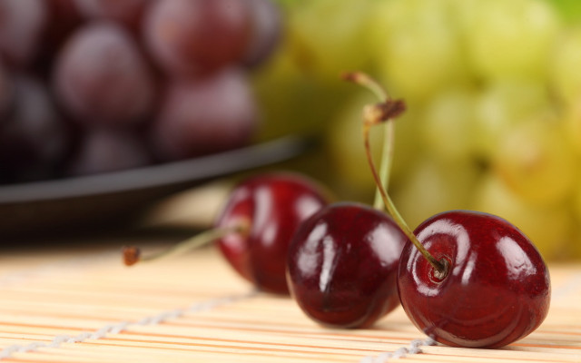 Cherries grapes bokeh blurry food free wallpaper for desktop - medium preview image