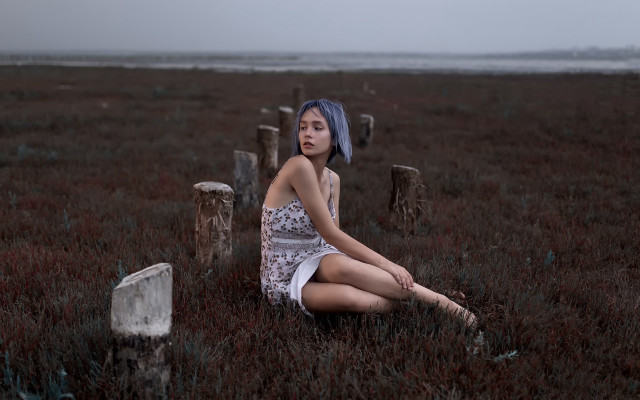 Woman bench field blue bandana free wallpaper for desktop - medium preview image