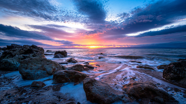 Sunset ocean rocks water shore free wallpaper for desktop - medium preview image