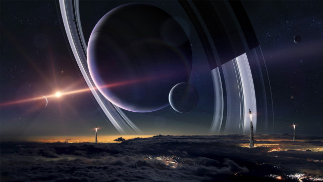Saturns rings city distant planet free wallpaper for desktop - medium preview image