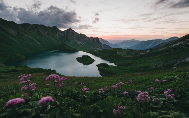 Lake mountains flowers sunset clouds #2 free wallpaper for desktop - medium preview image