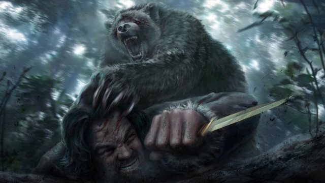 Bear holding knife man forest free wallpaper for desktop - medium preview image