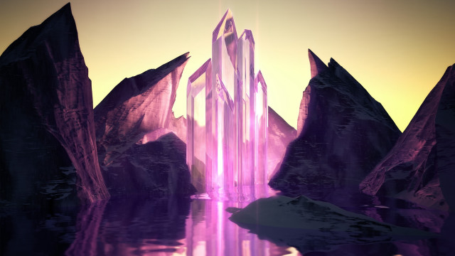 Futuristic landscape waterfall mountains sunset free wallpaper for desktop - medium preview image