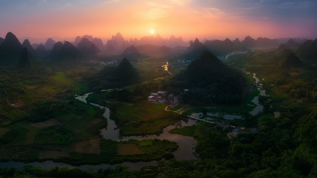 Sunset valley mountains river trees #2 free wallpaper for desktop - medium preview image