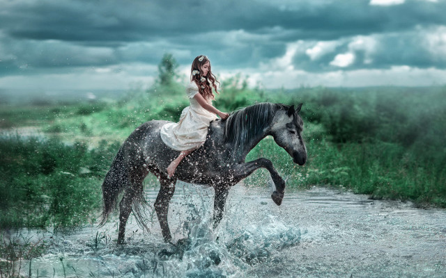 Woman horse river field cinematic free wallpaper for desktop - medium preview image