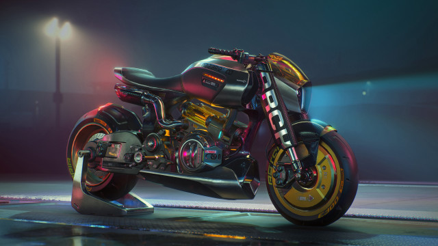 Futuristic motorcycle darkroom spotlight cyberpunk free wallpaper for desktop - medium preview image