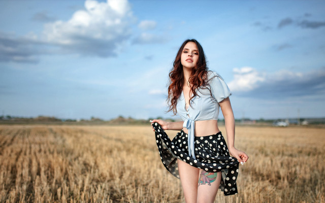 Woman field wheat skirt shirt free wallpaper for desktop - medium preview image