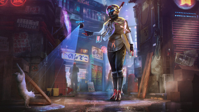 Futuristic city woman cat dog free wallpaper for desktop - medium preview image