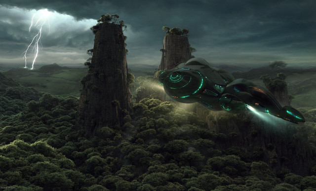 Futuristic spaceship forest stormy sky free wallpaper for desktop - medium preview image