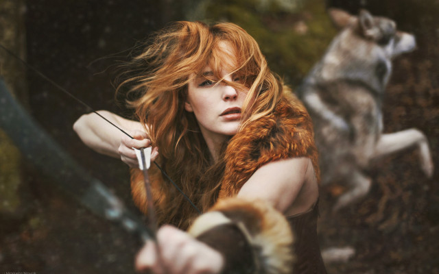 Woman bow dog blurry photorealistic free wallpaper for desktop - medium preview image