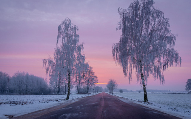 Snowy road pink sky mountain free wallpaper for desktop - medium preview image