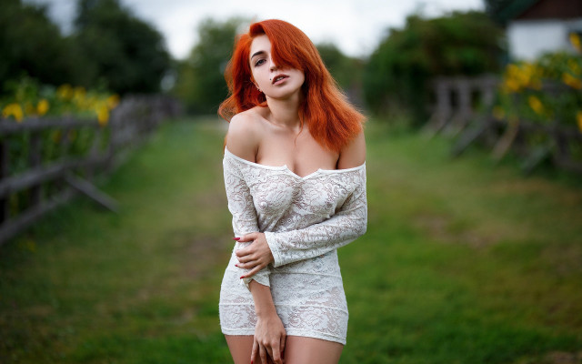 Red hair white dress field free wallpaper for desktop - medium preview image