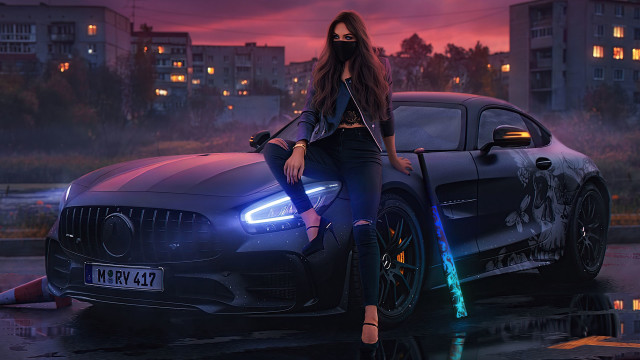 Woman car rain night city free wallpaper for desktop - medium preview image