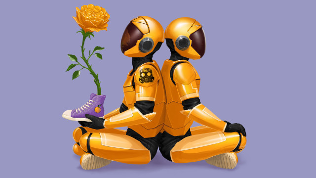 Yellow robot flowers sneakers botanical free wallpaper for desktop - medium preview image