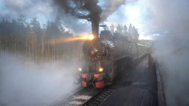 Steam engine train forest foggy free wallpaper for desktop - medium preview image