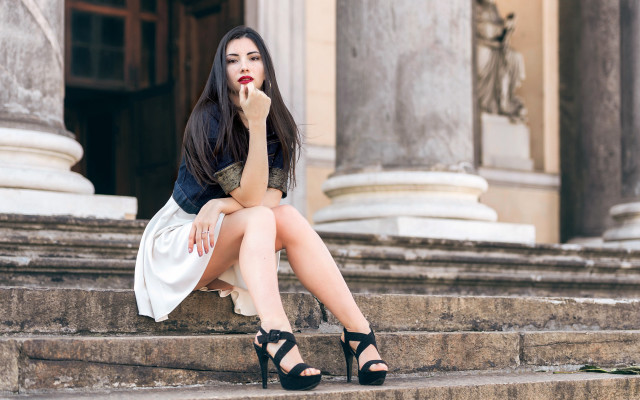 Woman sitting steps serious makeup free wallpaper for desktop - medium preview image