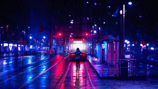 Night street cyberpunk umbrella city free wallpaper for desktop - medium preview image