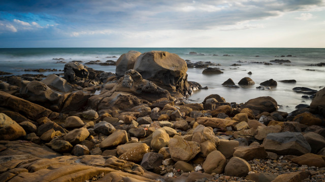 Rocky beach large formation ocean free wallpaper for desktop - medium preview image