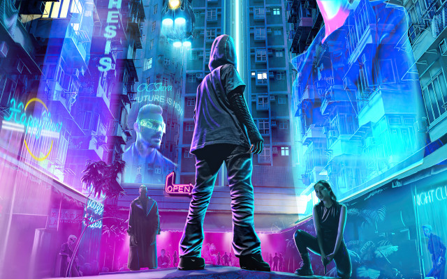 Man ledge city night neon free wallpaper for desktop - medium preview image