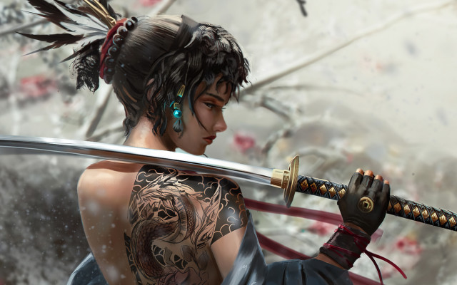 Woman sword tattoo cyberpunk fantasy free wallpaper for desktop - medium preview image