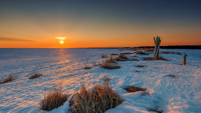 Sunset water snow grass fence free wallpaper for desktop - medium preview image