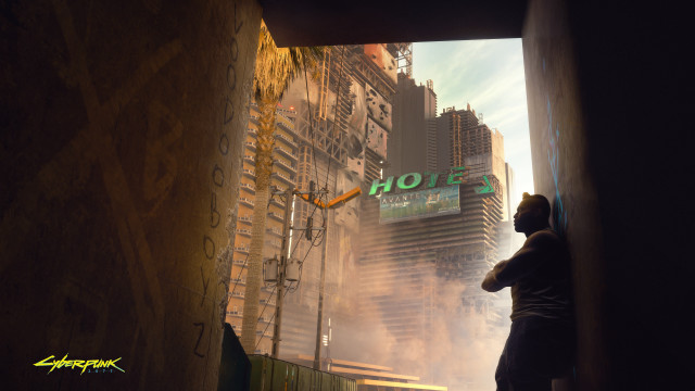 Man doorway city smoke dystopia free wallpaper for desktop - medium preview image